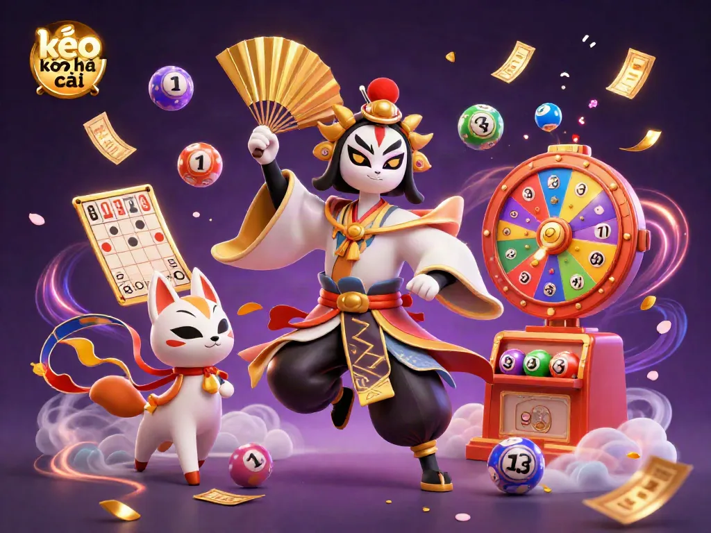 Engage with the kèo nhà cái scene featuring a kabuki warrior with a fan, colorful lottery elements, and dynamic gold effects.