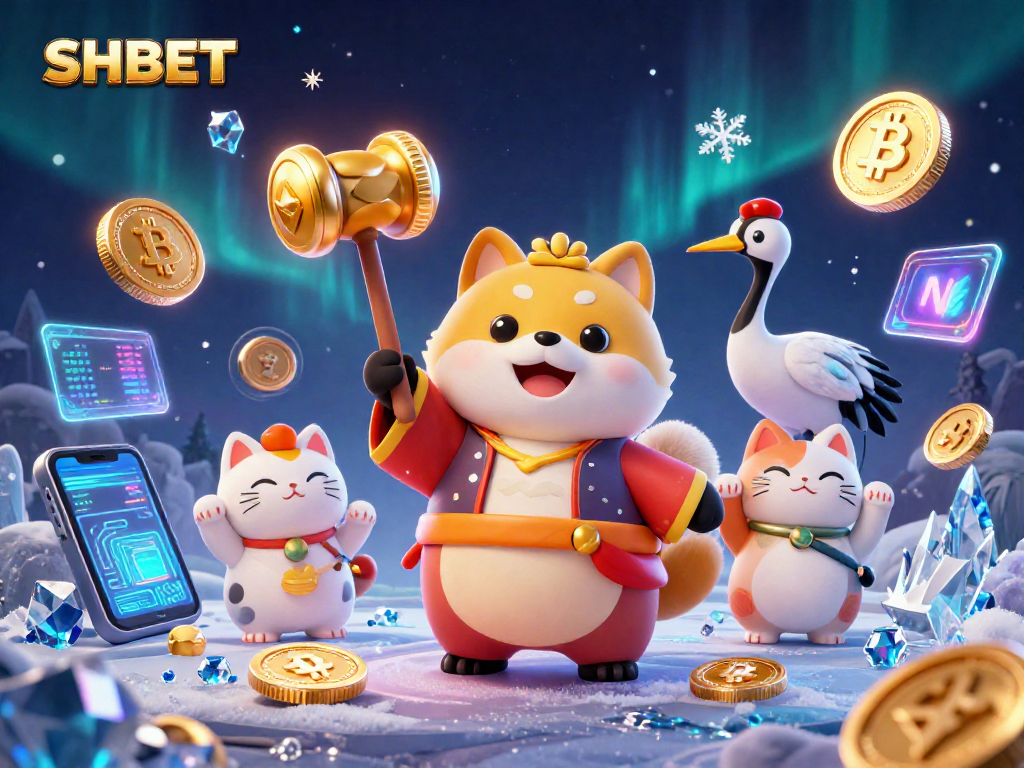 Engage with SHBET's thrilling gaming atmosphere featuring colorful characters and cryptocurrency elements.