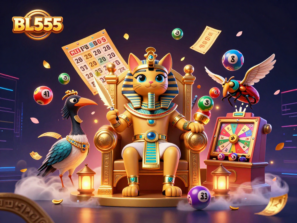 Experience the excitement of gaming at BL555 with a lively scene featuring unique characters and dynamic casino elements.