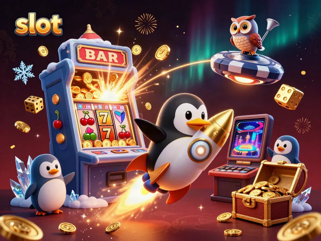 Experience thrilling slot action with a unique penguin in a space casino themed illustration.