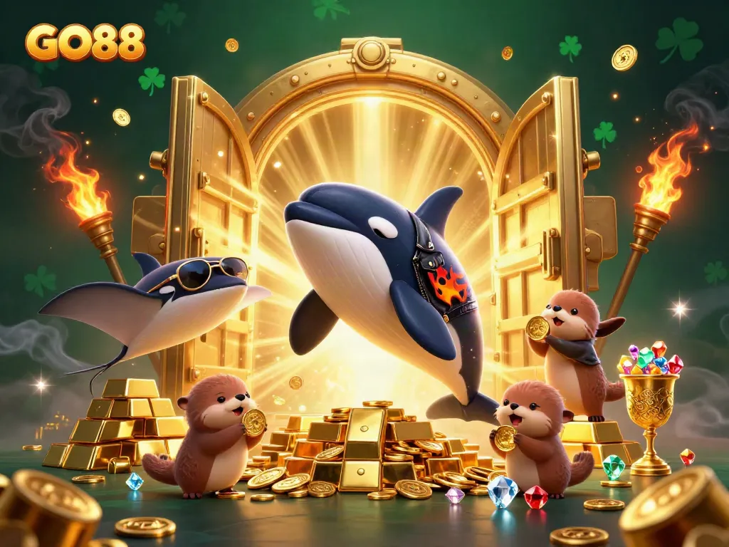 Experience GO88's thrilling gaming atmosphere with a dynamic 3D scene of vibrant characters and treasures.