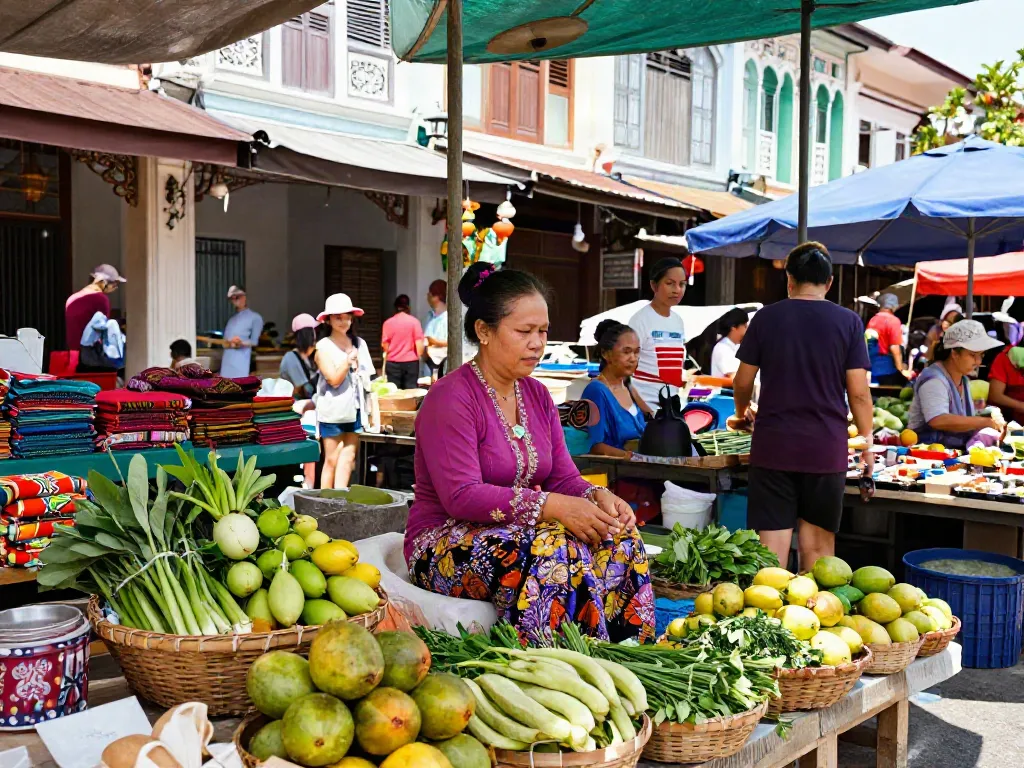 Vibrant Nyonya market scene with traditional kebaya and fresh produce showcasing cultural richness.