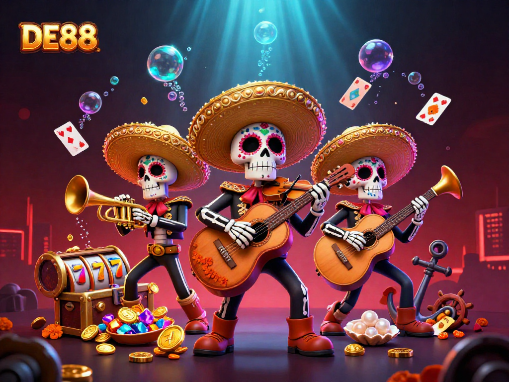 Experience the vibrant world of DE88 with mariachi skeletons amid a bustling casino scene.
