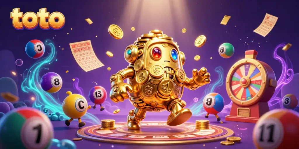 Play thrilling casino games with the golden golem and vibrant elements in this energetic toto illustration.