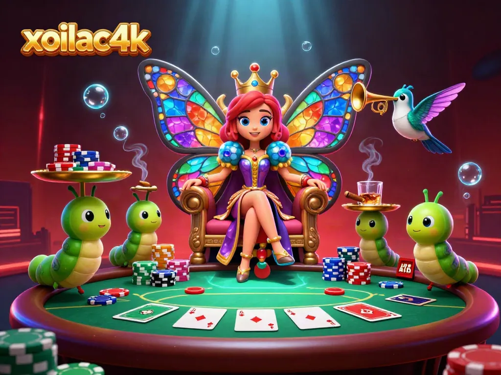 Engage in thrilling poker action with the vibrant xoilac4k scene featuring a butterfly queen and dynamic game elements.