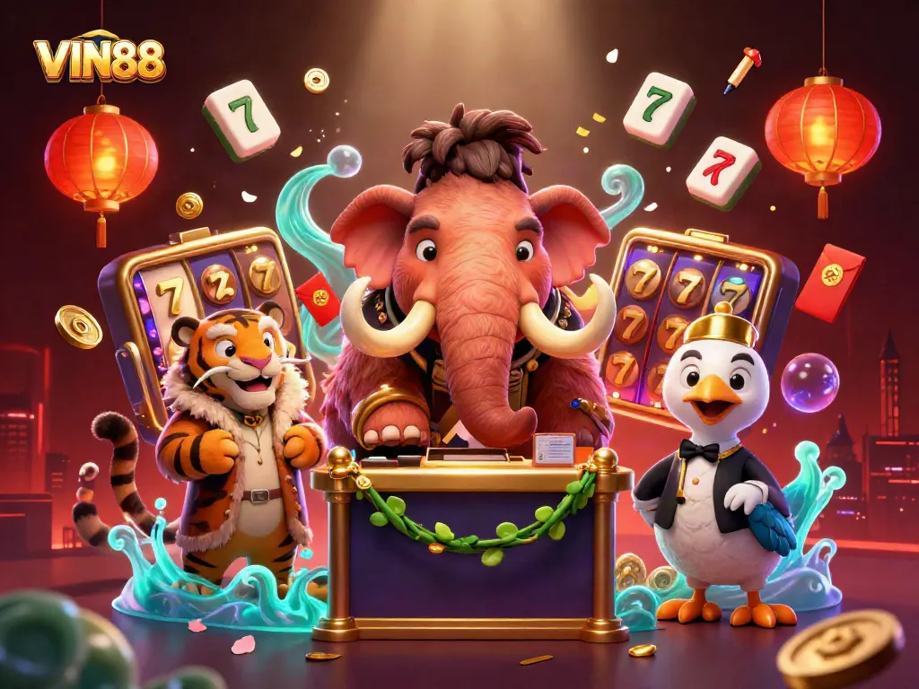 Play slots at VIN88 with vibrant characters and an exciting casino atmosphere.