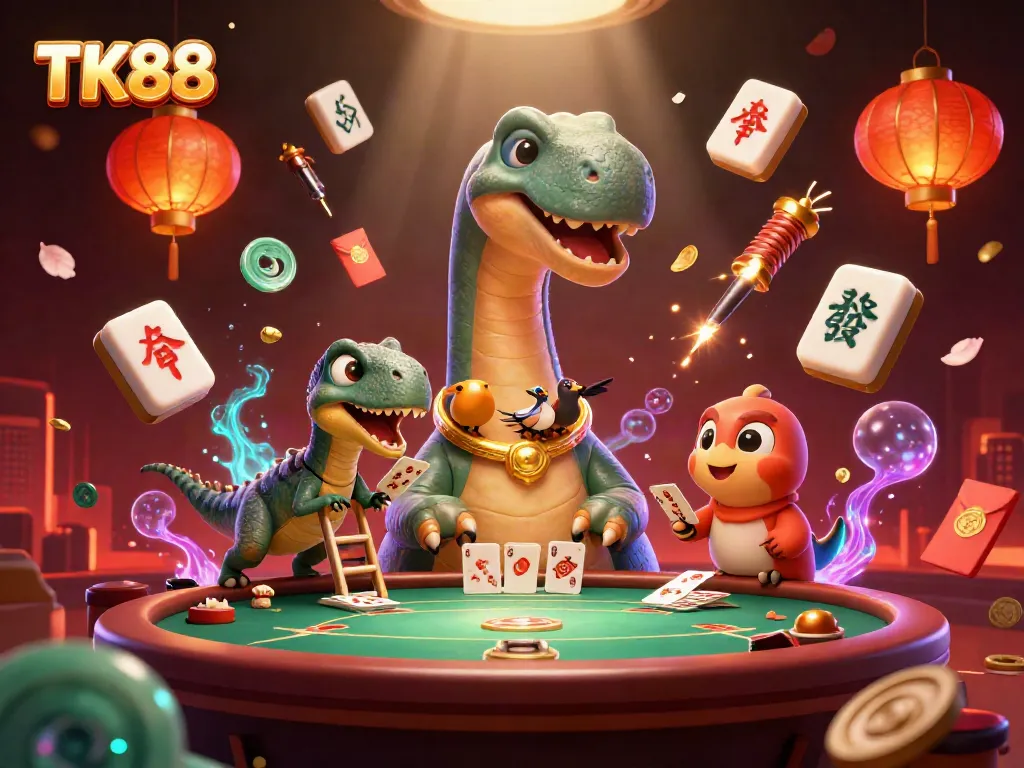 TK88 casino illustration featuring a large brontosaurus, clever raptor, and rich gambling elements.