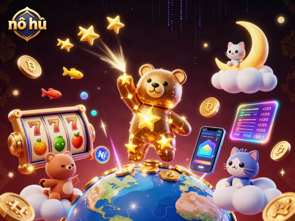 Play nổ hũ and win big with this dazzling 3D casino illustration featuring exciting game elements.