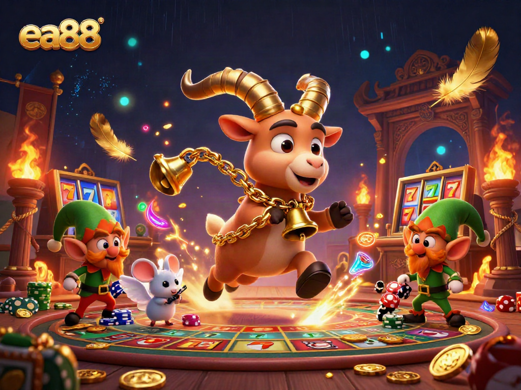 ea88's thrilling 3D casino scene with Krampus goat, angel mouse, and elf gremlins stealing chips
