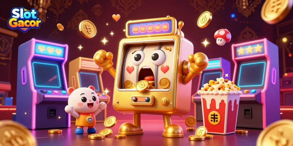 Slot Gacor illustrates a vibrant 3D casino scene featuring joyful cartoon slot machines celebrating big wins with coins pouring out, promoting fun and excitement in gambling.