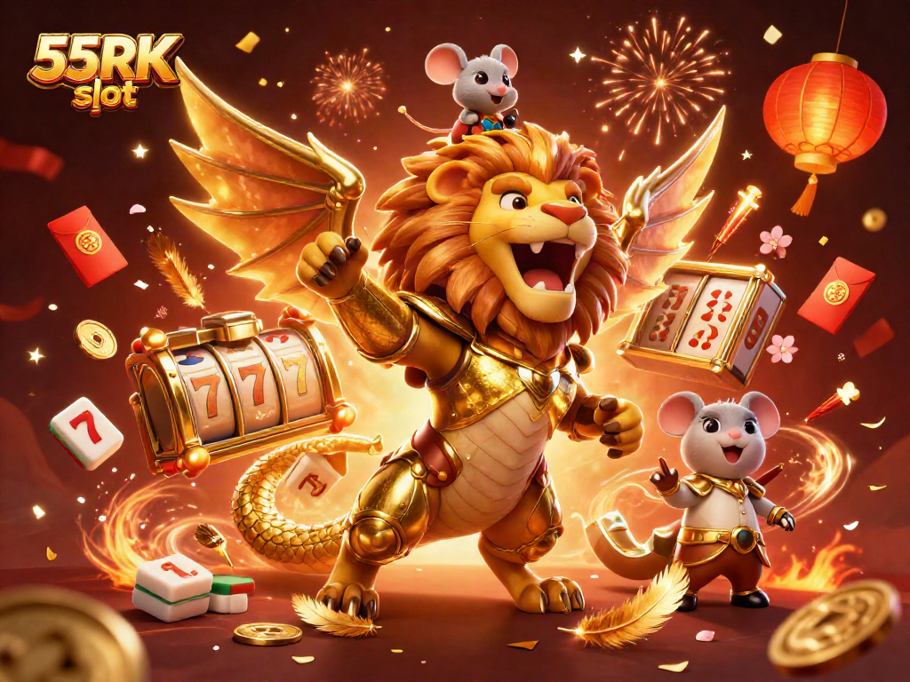 Experience the excitement of 55RK slot with a vibrant 3D illustration showcasing dynamic game elements and characters.