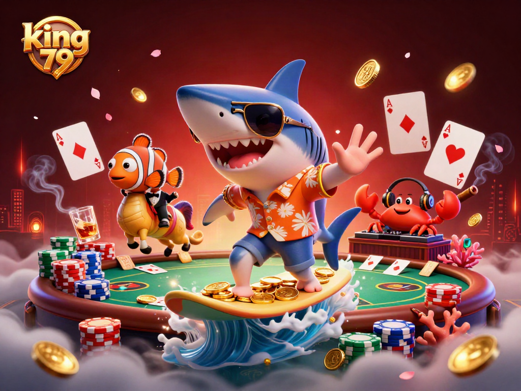 Engage with king 79's vibrant 3D casino art featuring dynamic characters and poker elements.