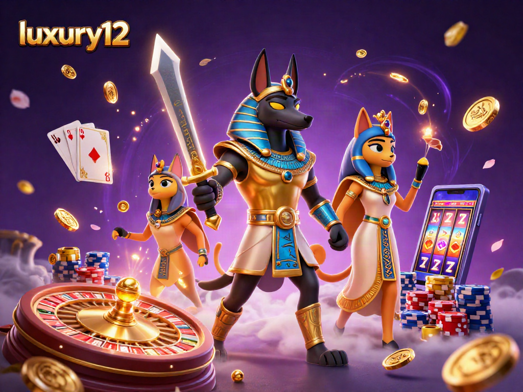 Permainan jackpot luxury12 dikelilingi oleh karakter Anubis dan Bastet yang megah.