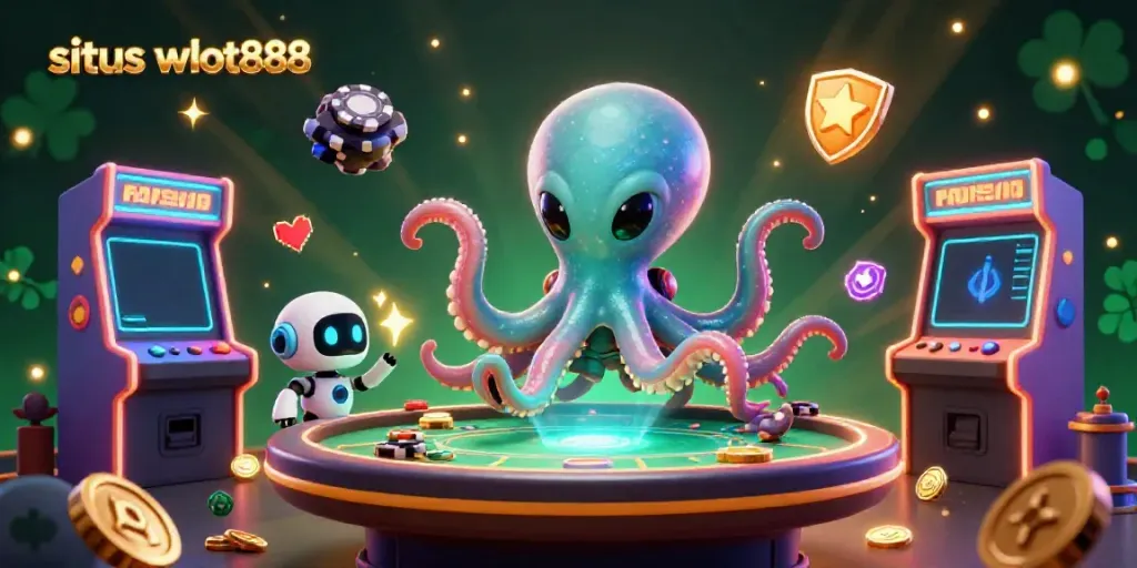 Permainan slot online situs wslot888 dengan tema luar angkasa yang menampilkan karakter alien dan robot di meja poker.