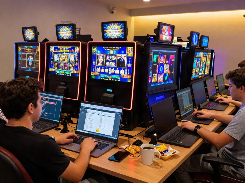 Online gaming experience with akunjp slot machines and vibrant casino atmosphere.