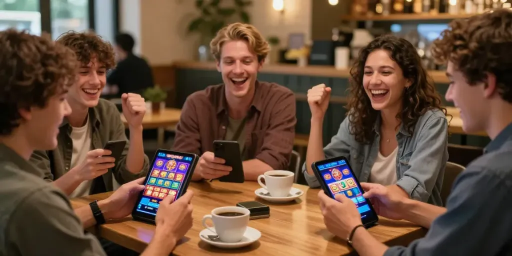 Players at a cafe enjoying luxury12 slot games on their mobile devices.