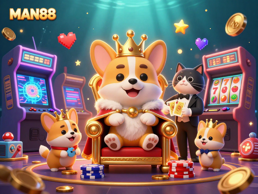 Experience the excitement of MAN88 with royal characters and vibrant casino activities.
