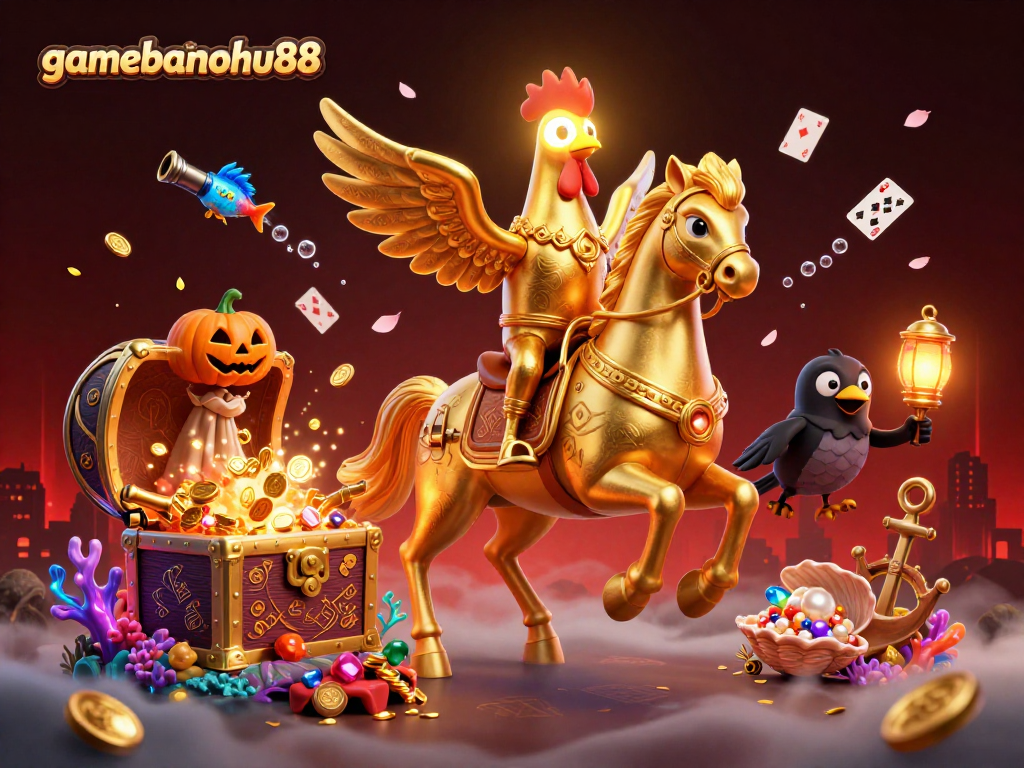 Experience the magic of gamebainohu88 as a golden rooster leads a thrilling midnight casino adventure.