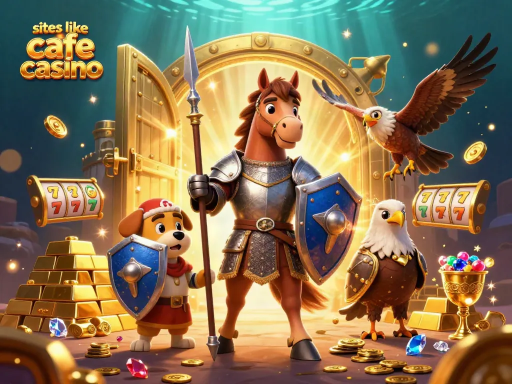 Discover thrilling games like those at sites like cafe casino with a medieval knight and squire in a treasure scene.