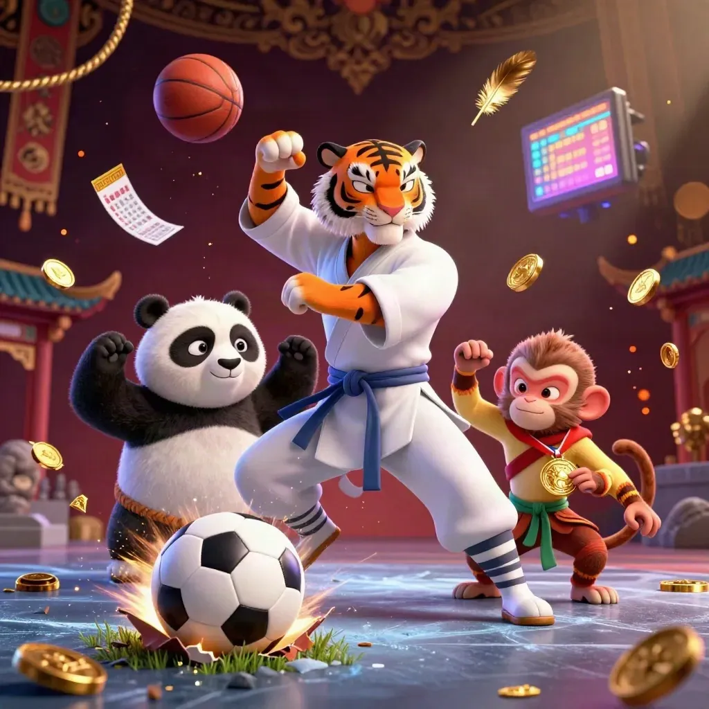 Tiger, panda and monkey unleash a soccer ball amid casino gold and neon sparks
