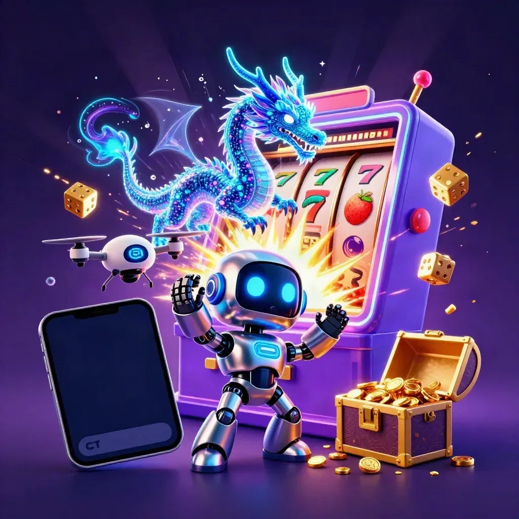 Robot, holographic dragon, and coin drone explode amid slot symbols, gold, and neon light.