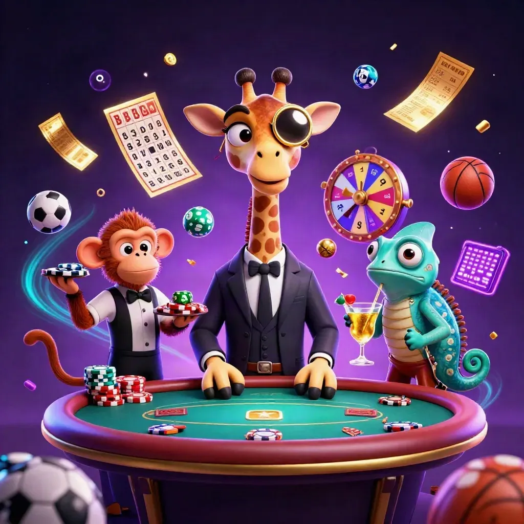 Giraffe, monkey, and chameleon at a neon casino table as balls, tickets, and lights burst outward.