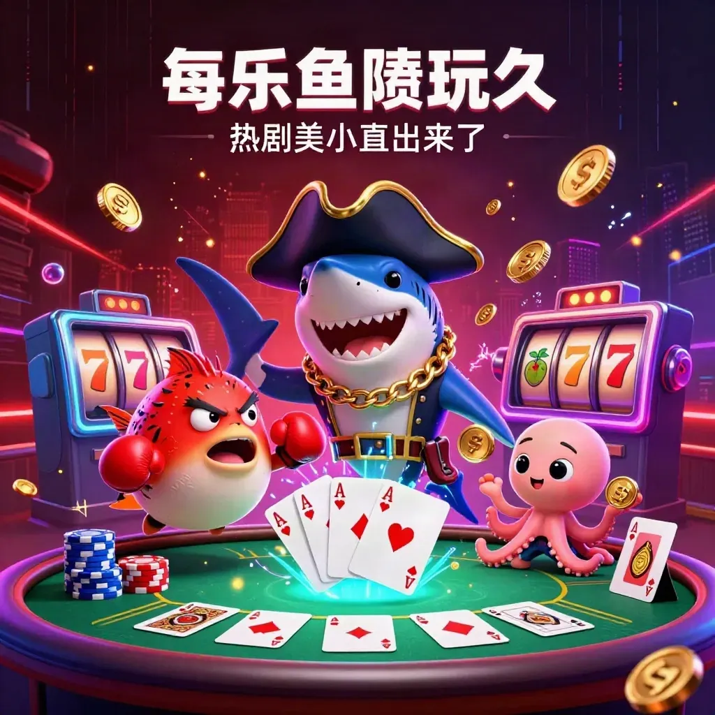 Pirate shark, boxing pufferfish, and juggling octopus amid neon casino treasure and slot effects.