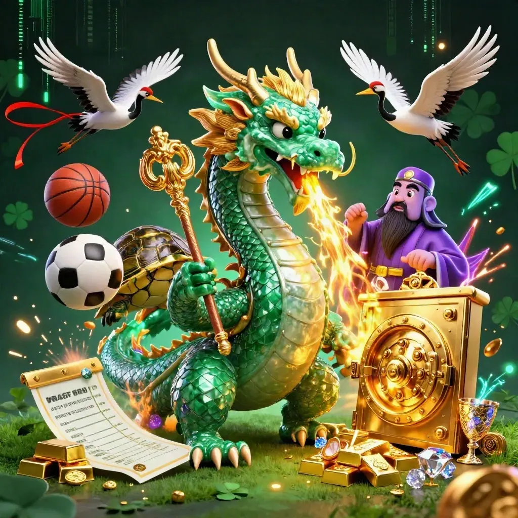 Emerald dragon, turtle sage, and cranes burst through gold vault with sports balls and neon casino light.