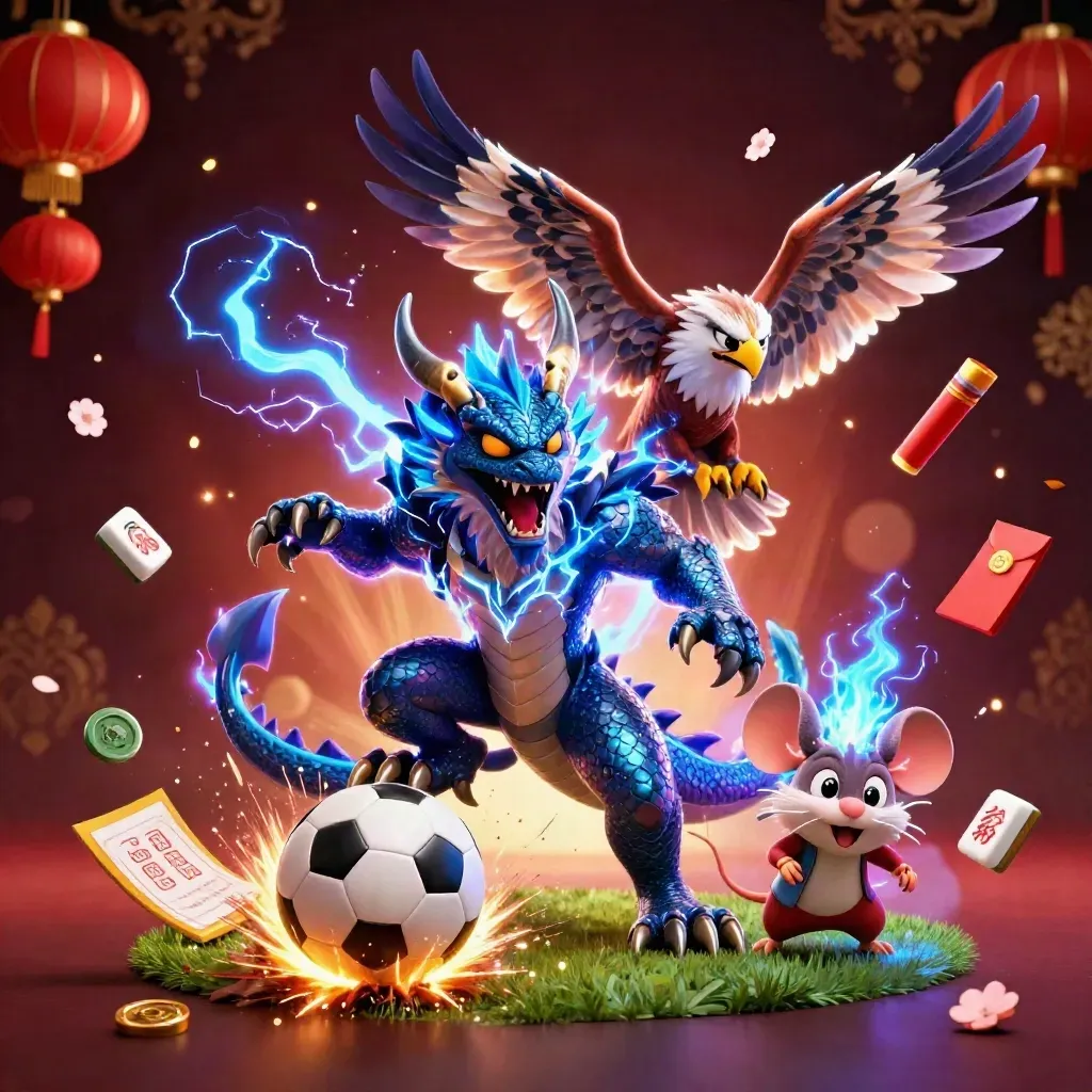 Thunder dragon, glowing hawk, and static mouse amid flying casino tokens and sports balls.