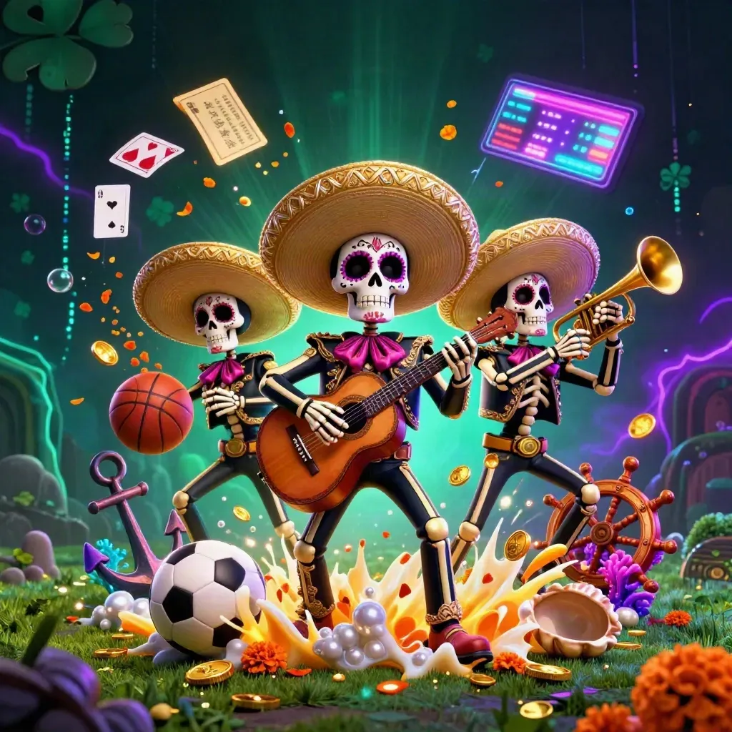 Day-of-the-Dead skeleton mariachi trio amid flying sports balls, coins, coral, and neon casino effects
