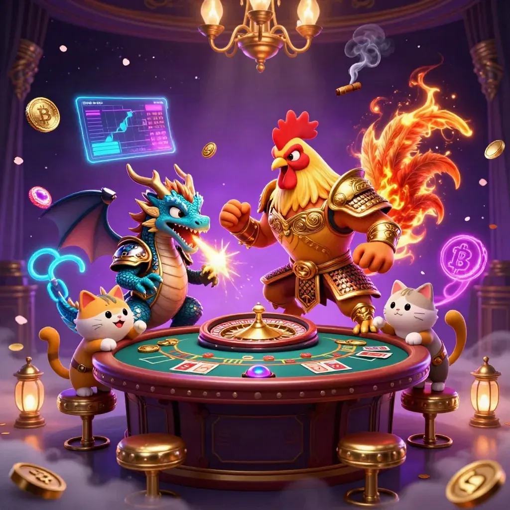 Rooster warrior, dragon hatchling, and fortune-cat amid neon casino magic and glowing coins.