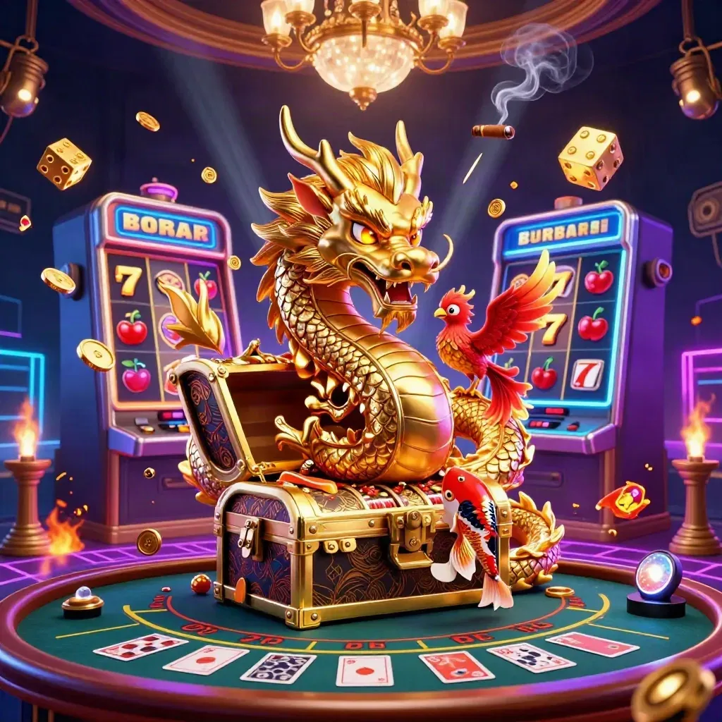 Golden dragon, phoenix, koi and slot burst in a neon casino room with gold and violet glow.