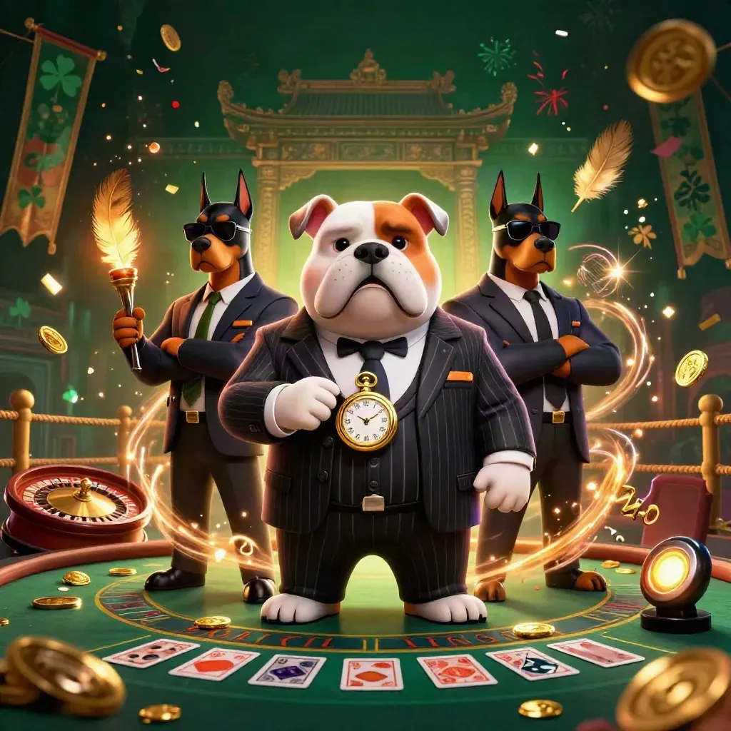 Bulldog boss and Doberman guards in a neon casino room with gold, smoke, sparks, and luxury lights