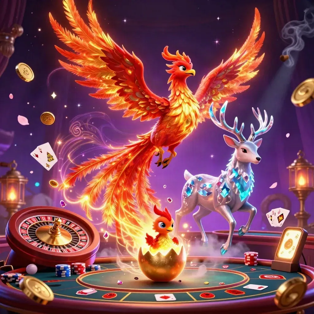 Phoenix, baby phoenix, and crystal stag erupt through a neon casino room of gold and jewels.