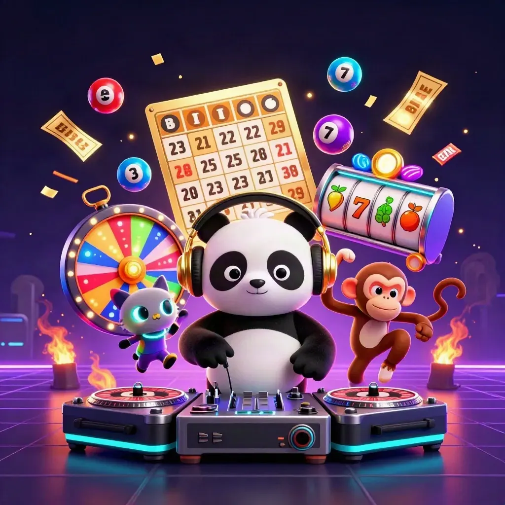 DJ panda, dancing monkey, and rave kitten amid casino bursts in neon violet and cyan.