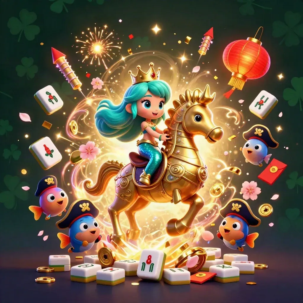 Mermaid princess rides a golden seahorse as coins, lanterns, petals, and neon treasure burst outward.