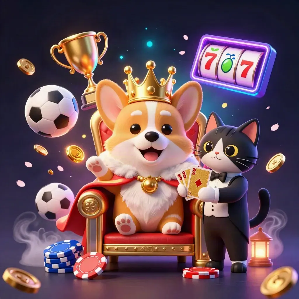 Royal corgi king and cat butler amid flying sports balls, coins, petals, and neon casino effects.