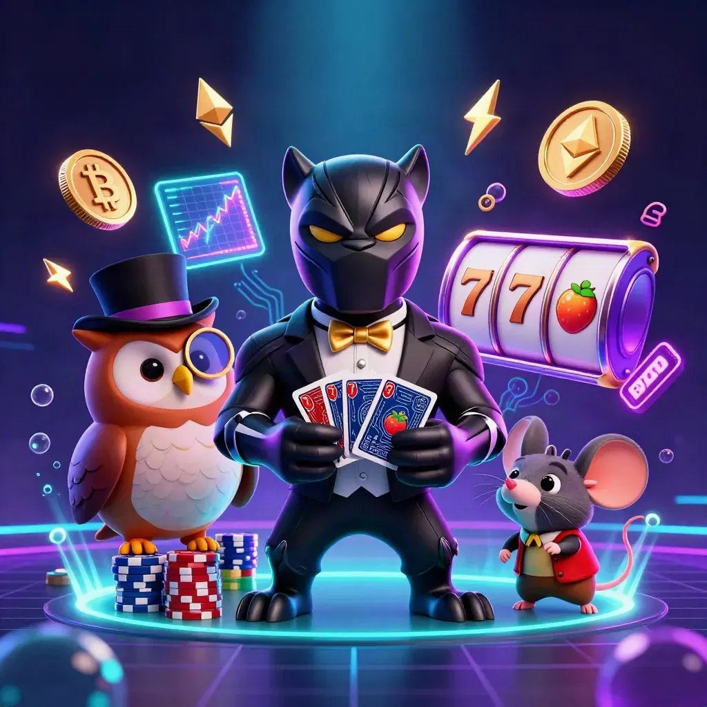 Panther, owl, and mouse casino heroes amid coins, cards, and neon sci-fi effects.