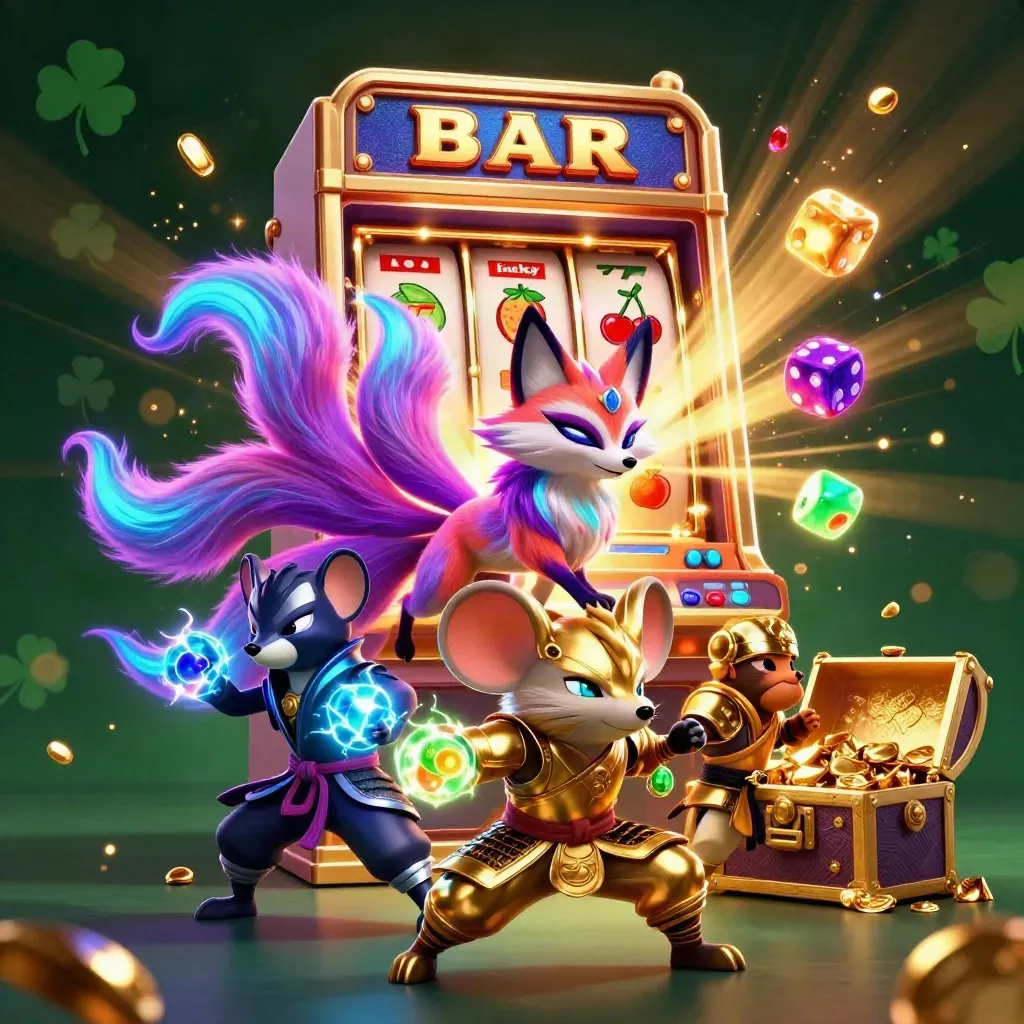 Neon fox spirit and armored mouse amid bursting jackpot machine, gold, gems, and glowing casino magic.