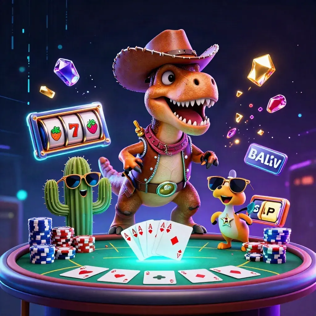 Cowboy T-Rex, cactus sidekick, and sheriff roadrunner amid neon casino chaos and chips.