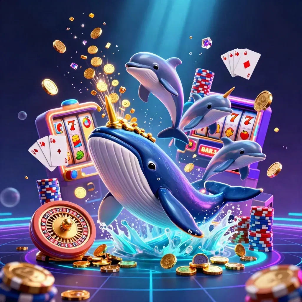 Whale captain, narwhal and dolphins burst through coins, chips and neon casino lights.