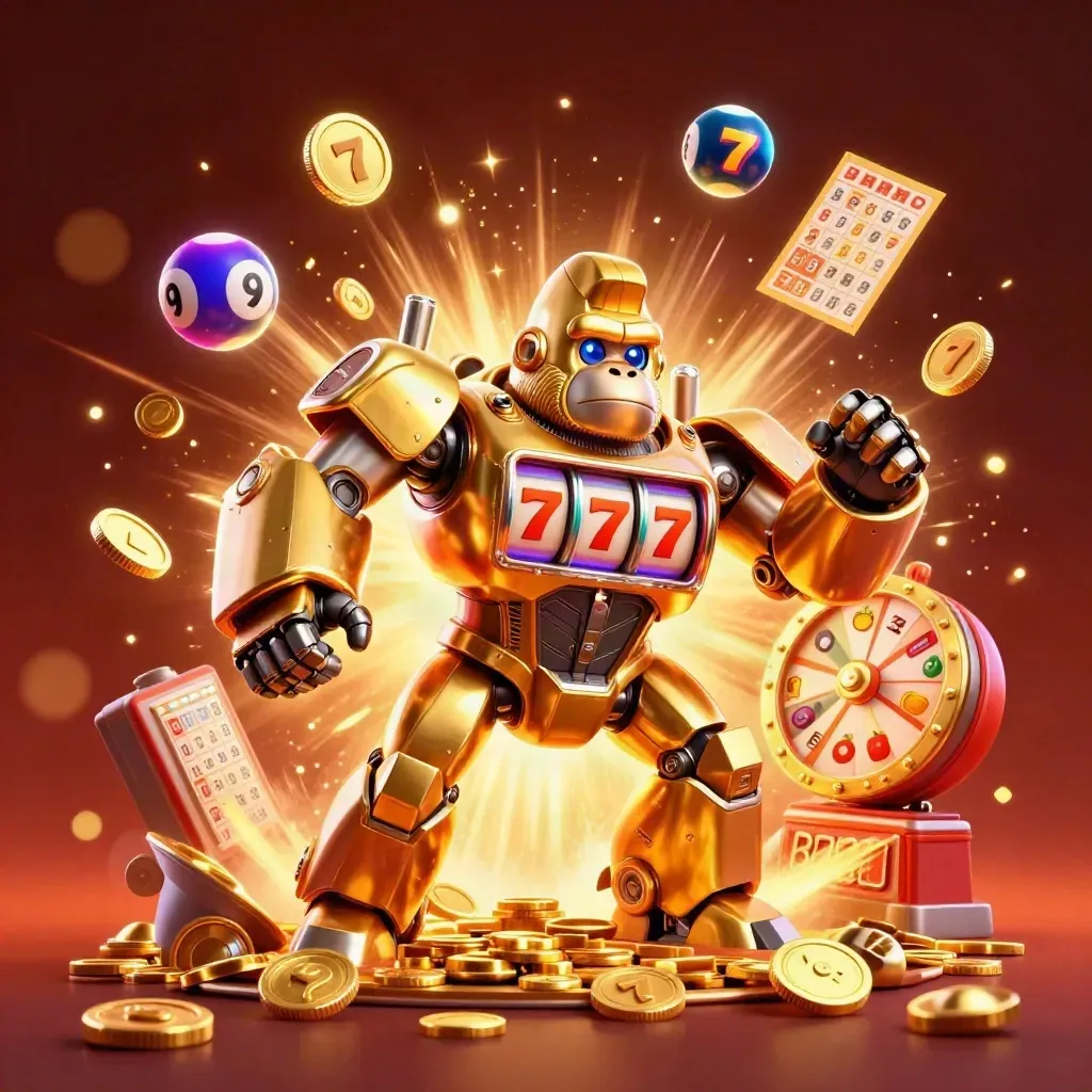 Golden gorilla mech bursts with coins, reels, fireworks, lottery balls, bingo card, and a tiny monkey pilot.