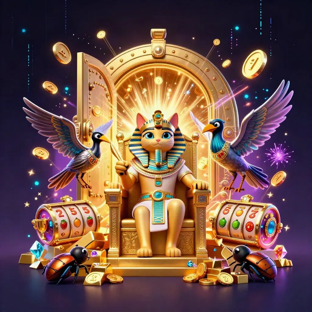 Pharaoh cat, ibis scribe, and gem-winged scarabs burst from a vault with gold, reels, and fireworks.
