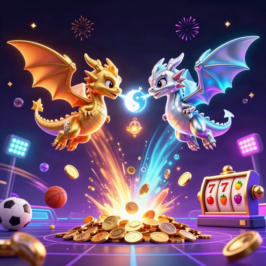 Twin gold and silver dragons in a neon casino burst with coins, trophy, reels, and fireworks.