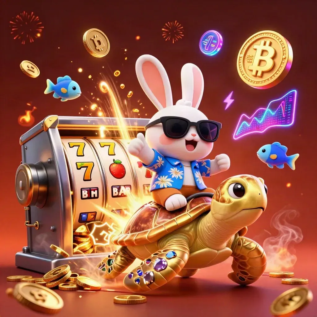 Lucky rabbit on a jeweled sea turtle amid coins, fireworks, and neon casino symbols.