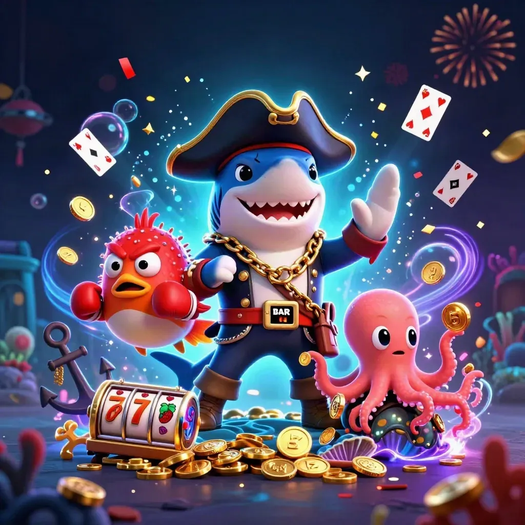 Shark pirate, boxing pufferfish and coin-juggling octopus amid neon underwater casino loot