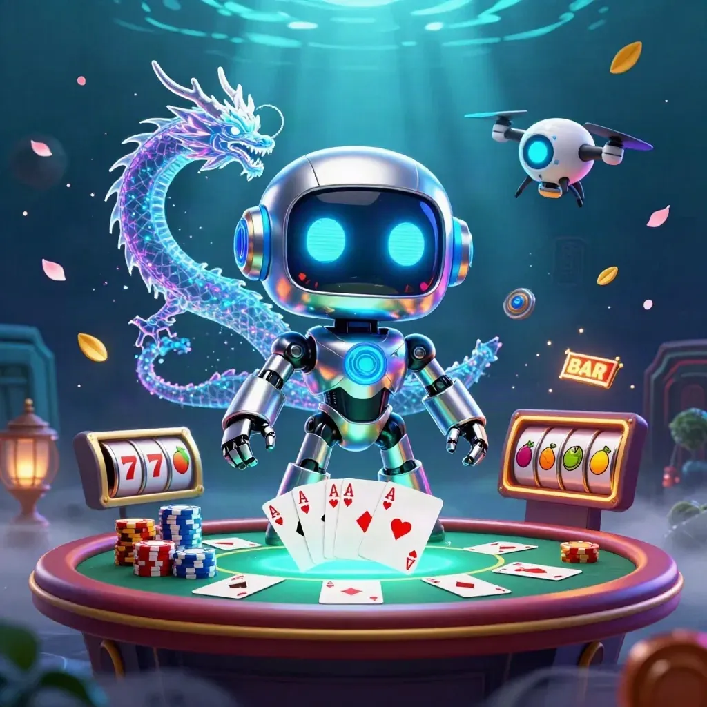 Cyberpunk robot, holographic dragon, and coin drone over a neon poker table in a dark casino scene.