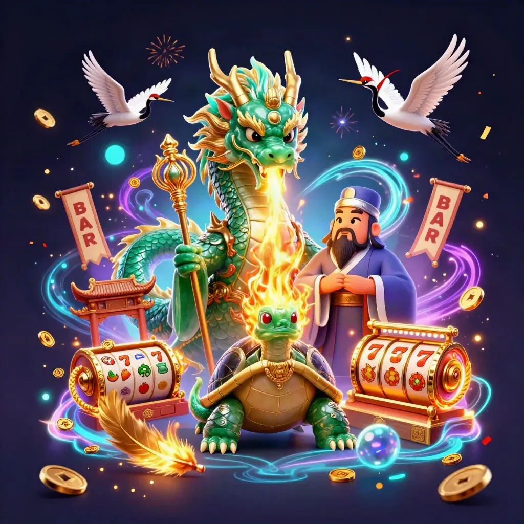 Jade dragon, turtle sage, and cranes amid casino symbols and glowing magic