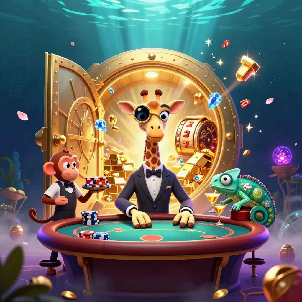 Giraffe high-roller with monkey valet and chameleon bartender amid vault gold and neon casino glow