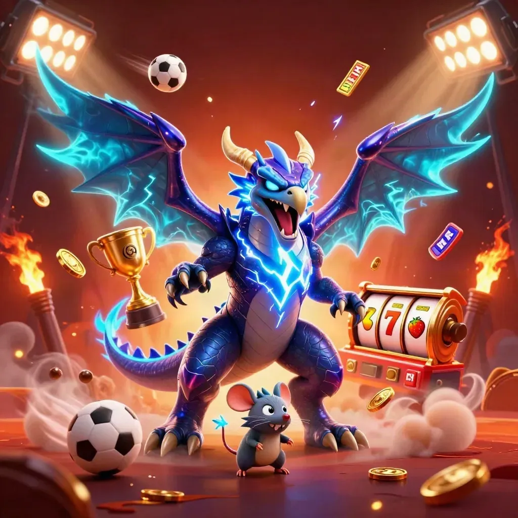 Thunder dragon, wind hawk, and static mouse amid casino symbols in neon cyan glow.